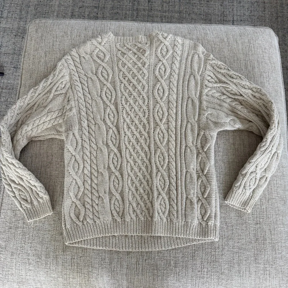 Banana Republic Mens Silk Cotton Linen Cable Knit Fisherman Sweater Cream Medium